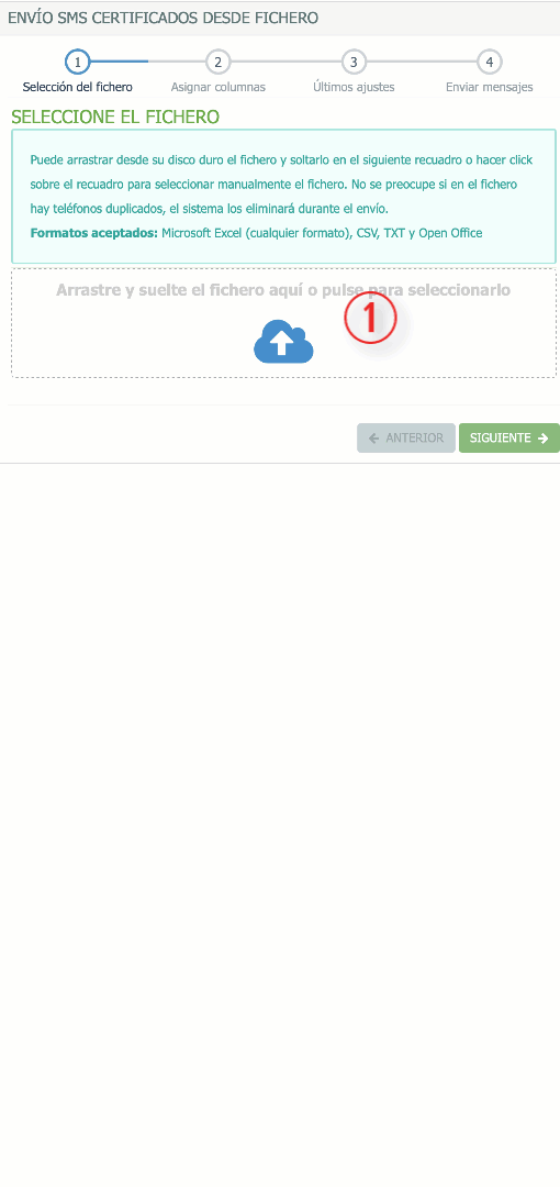 Panel envio SMS Contrato desde fichero excel