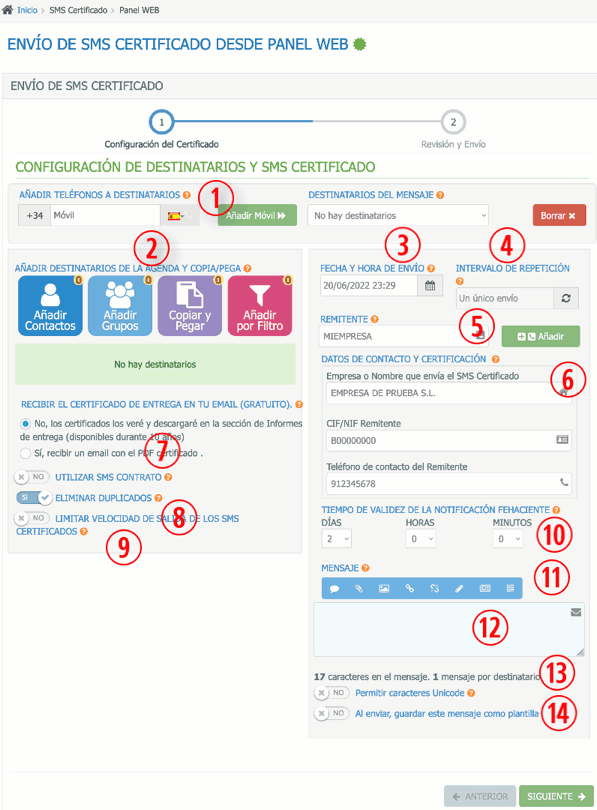 Panel envio SMS Contrato