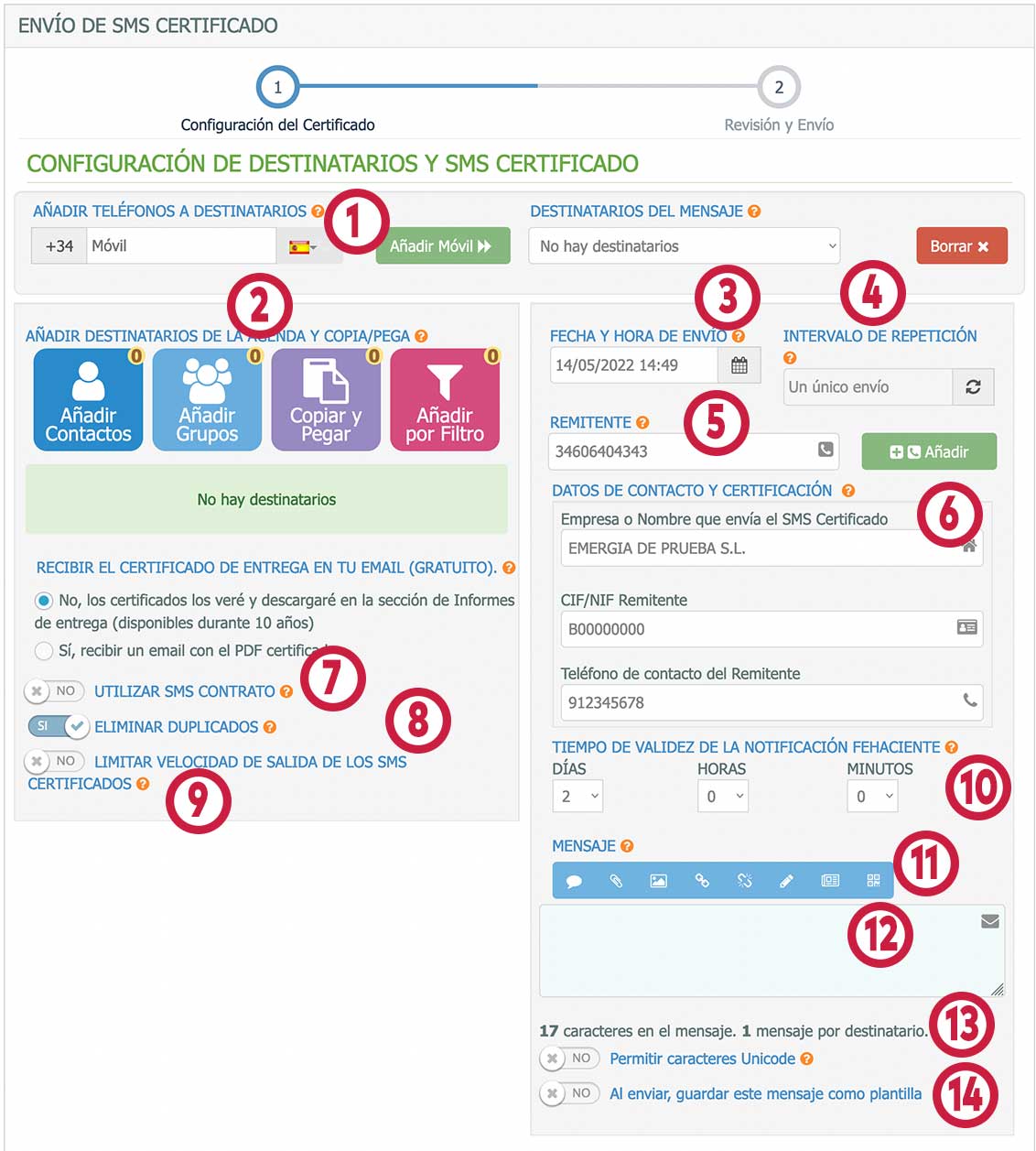 Panel envio SMS Certificado